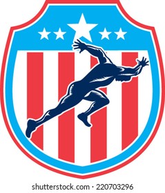 Illustration of a sprinter runner running viewed from side set inside shield crest with american stars and stripes in the background done in retro woodcut style.