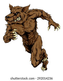 An illustration of a sprinting running wolf or werewolf character, great as a sports or athletics mascot