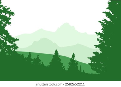 Illustration of spruce forest with mountains in flat style. Silhouette of spruce forest and mountains