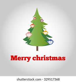 Illustration spruce for the new year eating monkey with toys and balls