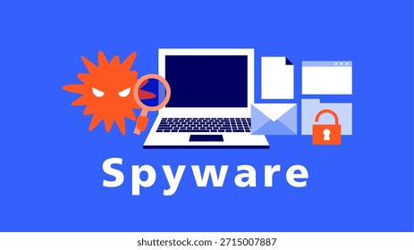 Illustration of spyware malware peeking into emails, browser data and documents from a laptop, representing hidden monitoring and privacy invasion in cyber security