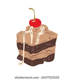 Illustration of a square cake covered with chocolate icing and topped with bright red cherries against a black backdrop; suitable for dessert-themed designs.