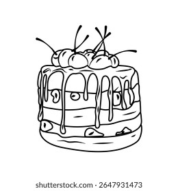Illustration of a square cake covered with chocolate icing and topped with bright red cherries against a black backdrop; suitable for dessert-themed designs.