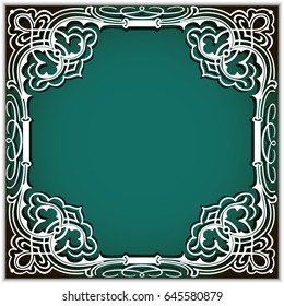 Illustration square cutout paper frame with lace corner ornament, greeting card or wedding invitation template,  vector illustration