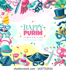 illustration of a square frame on a white background carnival things and attributes accessories for parties and masquerades isolated objects on the theme of Purim