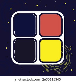 Illustration of a square grid with rounded corners containing four colored squares on dark background