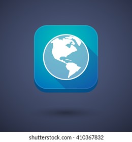 Illustration of a square long shadow app button with an America region world globe