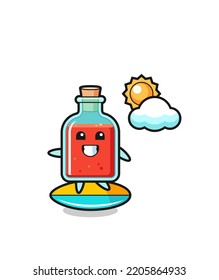 Illustration of square poison bottle cartoon do surfing on the beach , cute design