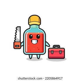 Illustration of square poison bottle character as a woodworker , cute design