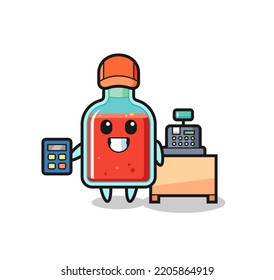 Illustration of square poison bottle character as a cashier , cute design