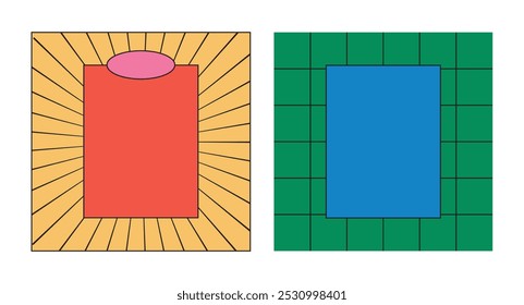 Ilustração quadrada retro linha grade e sunburst design exclusivo