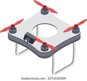 Illustration of a square shaped drone featuring red propellers and a central camera. The drone has a unique design with a circular cutout and sturdy landing gear