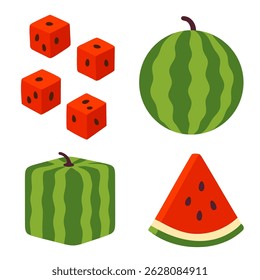 Illustration of square watermelon, classic round fruit, and watermelon cubes arranged together