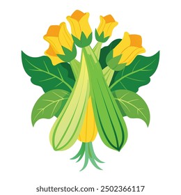 Illustration of Squash vegetable marrow zucchini . fresh green zucchini with leaves and flowers.  squash fruit illustration