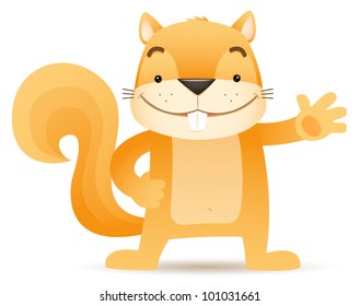 Illustration of Sque the Squirrel waving hand