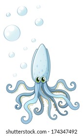 Illustration of a squid with green eyes on a white background