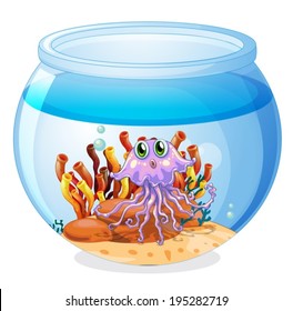Illustration of a squid inside the aquarium on a white background