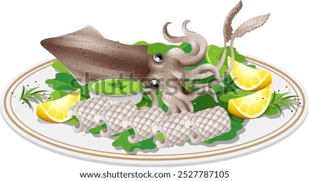 Illustration of squid with lemon and greens