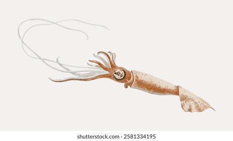 Illustration of a squid with long tentacles and a speckled body. The squid's tentacles and body are detailed, showcasing its unique marine features. Vintage marine life illustration isolated, vector.