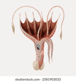 Illustration of a squid with long tentacles and spotted patterns. The squid's tentacles and patterns create a dynamic and intriguing marine image. Vintage marine life illustration isolated, vector.