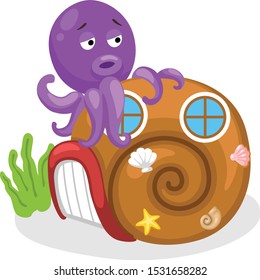 illustration of squid with shell house  white background vector