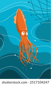 illustration of a squid swimming under the blue sea and a net above it