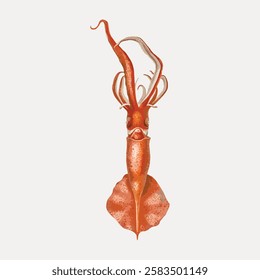 Illustration of a squid with tentacles and a reddish-brown body. The squid's detailed features and unique shape are highlighted against a plain background. Vintage marine life illustration vector.