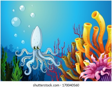 Illustration of a squid under the sea on a white background