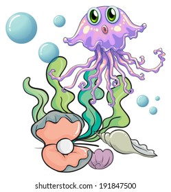 Illustration of a squid under the sea with seashells on a white background