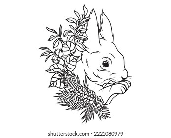Illustration of a squirrel with an autumn wreath. Woodland animal. Fall branch. Forest pet. Cute rodent. 