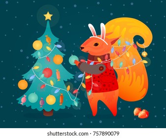 Illustration with squirrel and Christmas tree