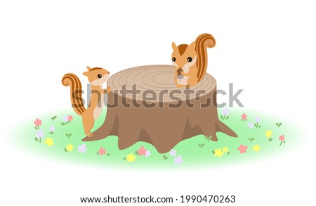 Illustration of a squirrel eating an acorn and a squirrel looking at it in a forest where flower blooms. Vector illustration.