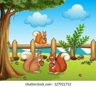 Illustration of a squirrel eating nut and a beautiful landscape