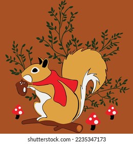 illustration of squirrel holding nut, cute animal illustration