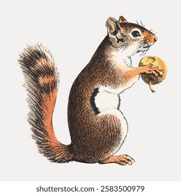 Illustration of a squirrel holding a nut. The squirrel has a bushy tail and is depicted in a vintage style. Squirrel art with detailed fur and features. Vintage animal illustration vector.