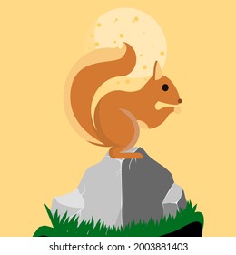 illustration of a squirrel on a rock, flat design style