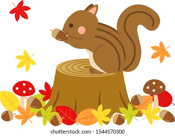 An illustration of a squirrel on a stump. There are autumn leaves around.