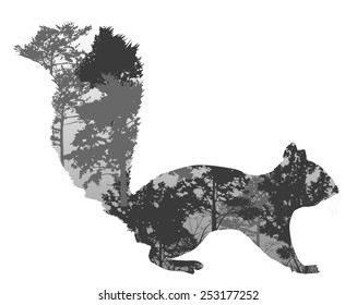 ilustración con silueta de ardilla de ramas de árboles aisladas en fondo blanco