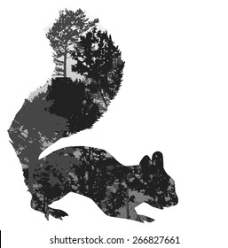 Illustration mit Eichhörnchensilhouette aus Baumästen einzeln auf weißem Hintergrund