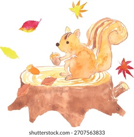 Ilustración de una ardilla sentada en un tocón y hojas de otoño, Vector