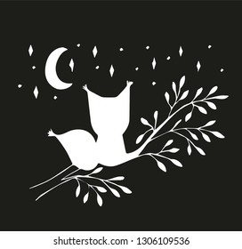 The illustration of a squirrel sitting on a tree branch. Night sky background.
