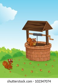 Illustration of squirrels at a well