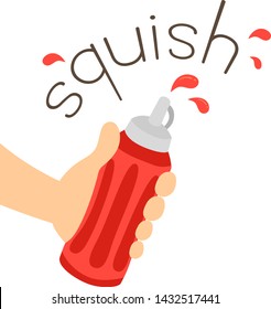 Illustration of Squish Sound and Ketchup Bottle Being Squeezed Out. Learning Onomatopoeia