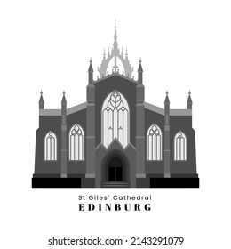 Ilustración Catedral de San Giles de la Milla Real en Edinburgo, Escocia. Iglesia presbiteriana escocesa. Arquitectura de la ciudad de Gran Bretaña aislada de la ilustración vectorial plana blanca y negra.