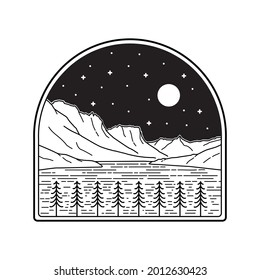 illustration of st. lake mary in montana glacier national park on the night in mono line style for badges, emblems, patches, t-shirts, etc.