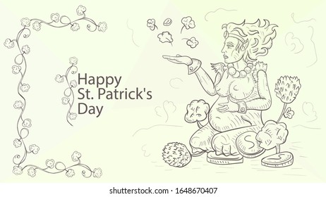illustration St. Patrick's day banner in Doodle style outline coloring pregnant girl leprechaun sitting on her lap among clover and gold coins vector