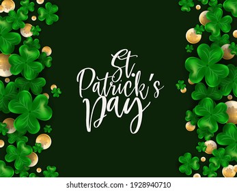 Illustration of St. Patrick's Day celebration concept with Irish lucky shamrock leaves on green background.