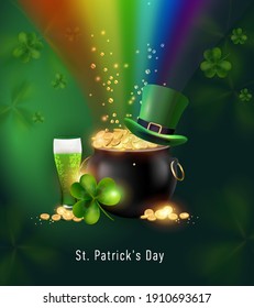 Illustration of a St. Patrick's Day flyer with fresh beer and clover on a green background.Coin Pot, rainbow, leprechaun hat Vector Irish Happy Holiday Design for Holiday poster, banner or invitation.