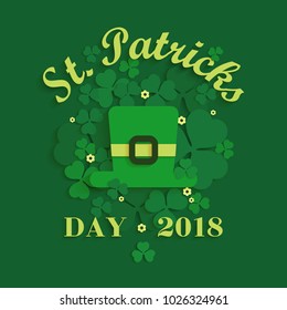 Illustration for St. Patrick's day with a green hat and a large number of leaf shamrock.