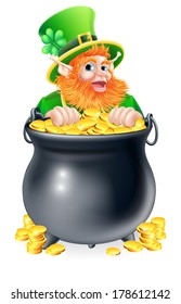 An illustration of a St Patricks day leprechaun with a pot of gold